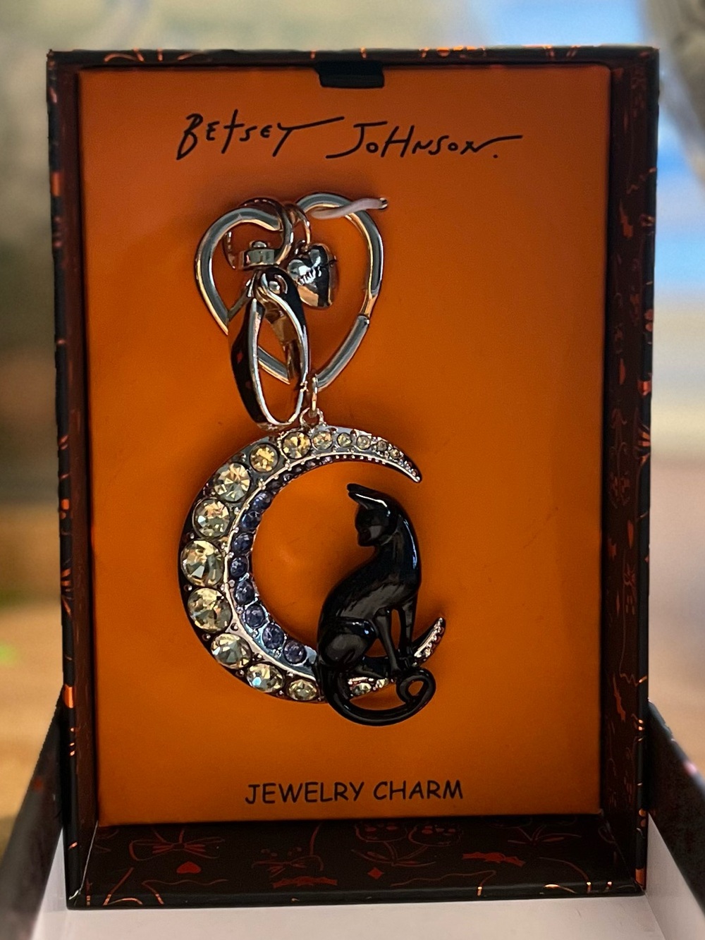 Betsey Johnson Black Cat Crescent Moon Jewelry Charm with Key Ring & Spring Clip